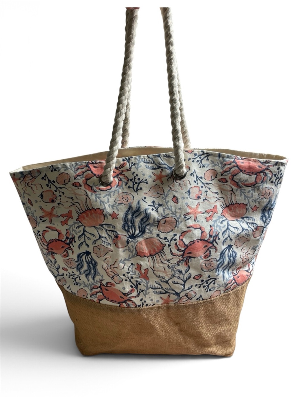 Nicole Miller Coral & Navy Coastal Print Rope-Handle Tote